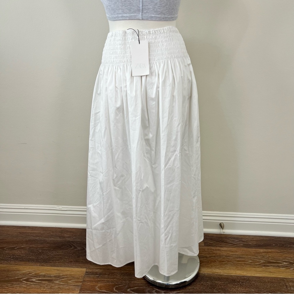 ZARA White Smocked Maxi Skirt Cottagecore Pockets Elastic Waist Size M/L NWT - Picture 3 of 7
